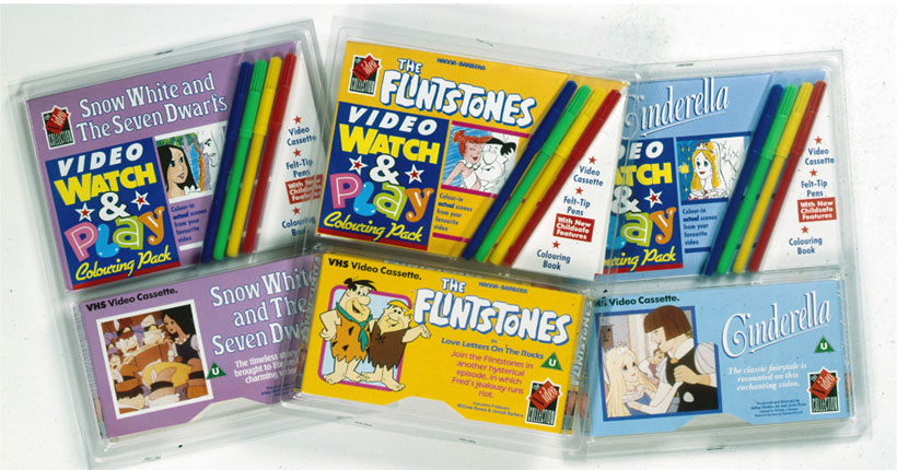 During 1988, The Video Collection was re-packaging many suitable titles.
First I had to design a logo for a new series! I then had to design a shrink wrap package for 1 video, 4 Pentels and a colouring book! Here are the only 3 products that I had photographed.