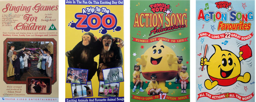 Singing Games for Children, from Telstar Video Entertainment. A Trip To The Zoo, Tumble Tots Action Song Adventure, Tumble Tots Action Song Favourites, from Avid Video.