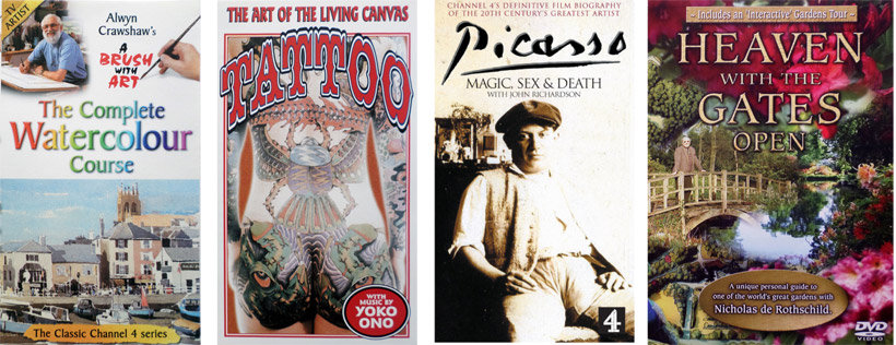 Alwyn Crawshaw’s A Brush With Art - The Complete Watercolour Course, the classic Channel 4 series. The Art Of The Living Canvas - Tattoo, with Music by Yoko Ono. Picasso - Magic, Sex, & Death. The complete Channel 4 series. Heaven With The Gates Open, with Nicholas de Rothschild.