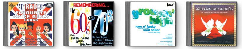 Spice Girls Karaoke Favourites with drawings of the spice girls drawn by Otto Greenslade. Remembering the 60's and 70's. Groovin' High, A Jazz collection. Millennium Moods.