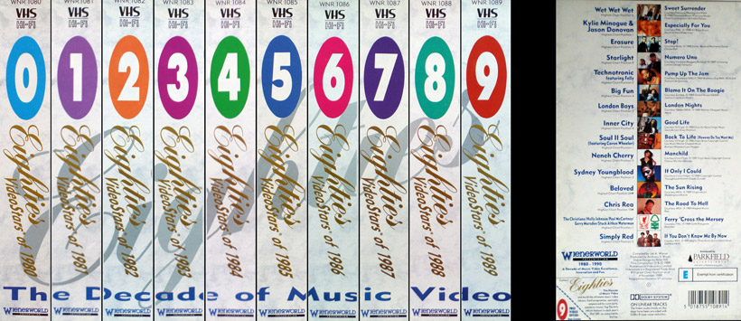 Seen from the side, on a shelf, the sleeves spell EIGHTIES - The Decade of Music Video.