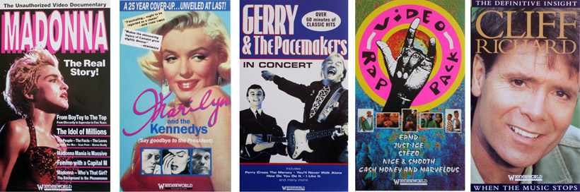 5 video sleeves, Madonna - The Real Story, Marilyn Monroe and the Kennedys, Gerry and The Pacemakers - in Concert, Video Rap Pack, Cliff Richard - The Definitive Insight.