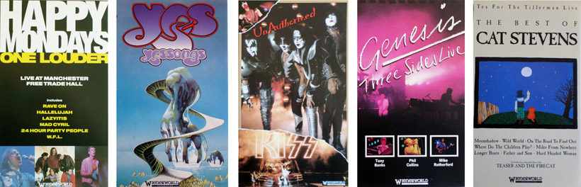 5 video sleeves, Happy Mondays - One Louder, Yes - Yessongs, with Roger Dean painting! Kiss - Unauthorized, Genesis - Three Sides Live, The Best Of Cat Stevens.