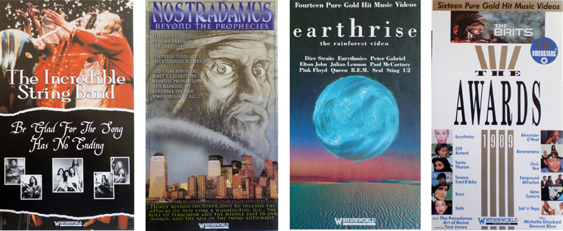 4 video sleeves, The Incredible String Band, Nostradamus-Beyond The Prophecies, Earthrise - The Rainforest Video, (My artwork only), The Brits - The Awards 1989 (the typesetting was a starter for the Decade Of Music Video to come later)